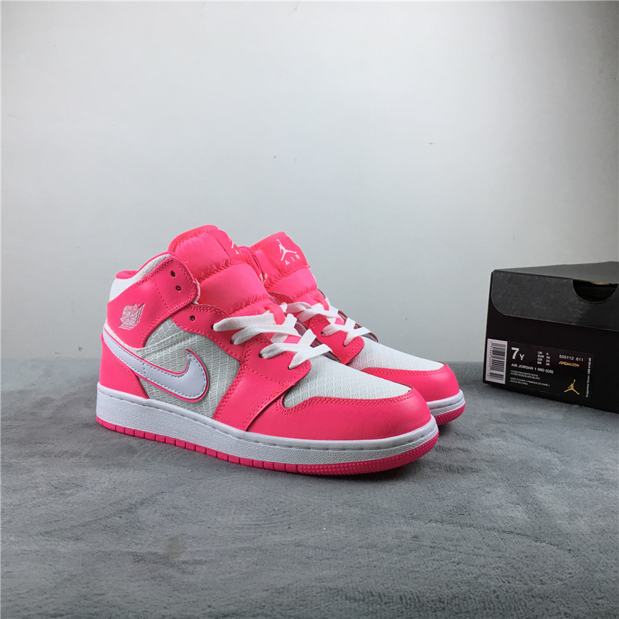 2019 Women Air Jordan 1 Mid GS Pink White - Click Image to Close